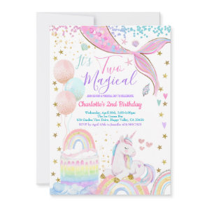 Unicorn Mermaid Two Magical Girl 2nd Birthday  Invitation