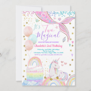 Unicorn Mermaid Two Magical Girl 2nd Birthday Invitation