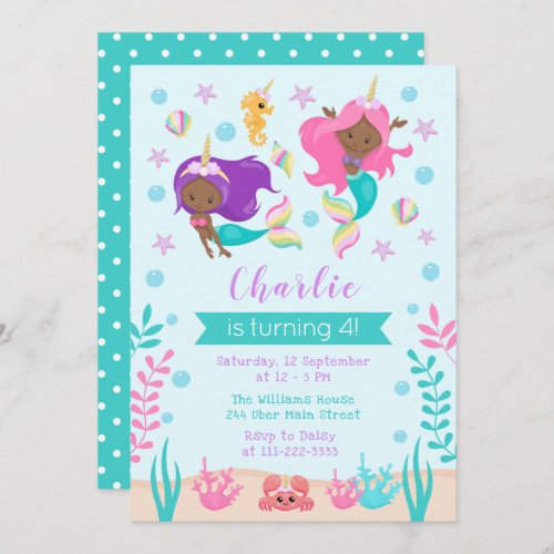 Unicorn Mermaids Birthday Dark Skin Tone Invitation