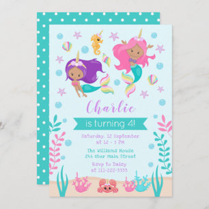 Unicorn Mermaids Birthday Medium Skin Tone Invitation