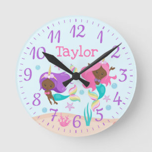 Unicorn Mermaids Kids Nursery Dark Skin Tone Round Clock