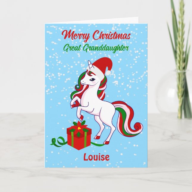 Unicorn Merry Christmas Great Granddaughter Card (Front)