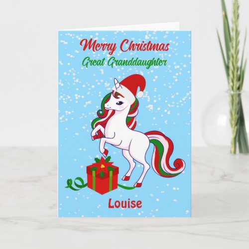 Unicorn Merry Christmas Great Granddaughter Card