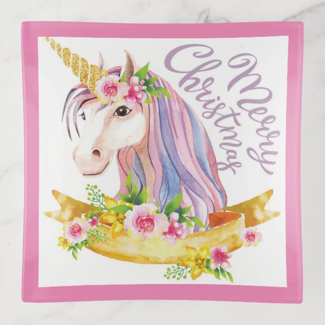 Unicorn Merry Christmas Trinket Tray (Front)