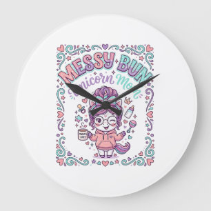Unicorn Messy Bun Unicorn Mom Retro Style Graphic Large Clock