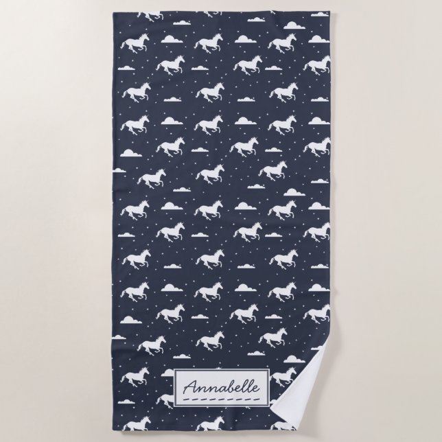 Unicorn Midnight Blue Sky Pattern Personalised Beach Towel (Front)