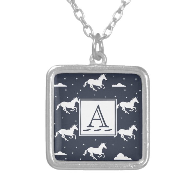 Unicorn Midnight Sky Pattern Monogram Silver Plated Necklace (Front)