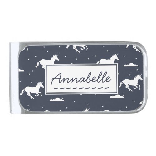 Unicorn Midnight Sky Pattern Personalised Blue Silver Finish Money Clip