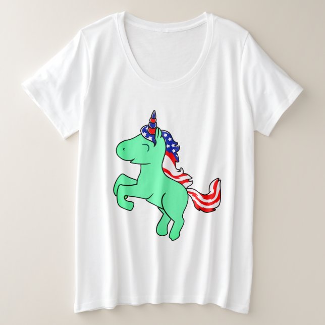 Unicorn Mint Green Patriotic USA Flag Mane Cartoon Plus Size T-Shirt (Design Front)
