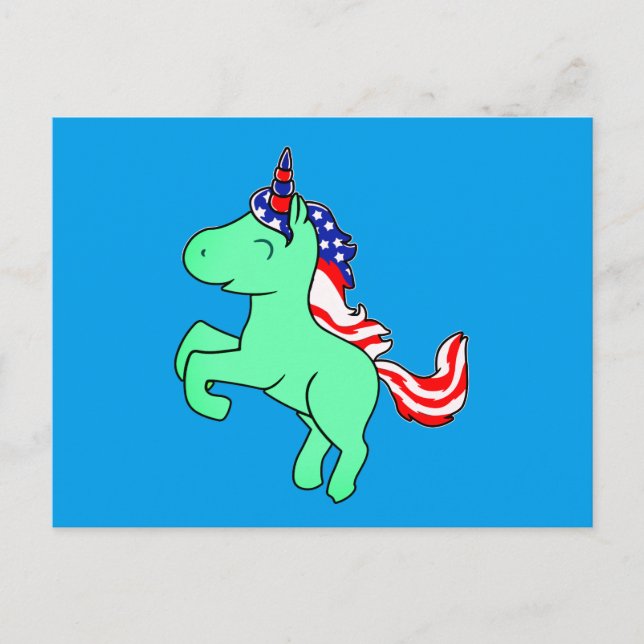 Unicorn Mint Green Patriotic USA Flag Mane Cartoon Postcard (Front)