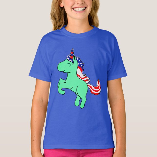Unicorn Mint Green Patriotic USA Flag Mane Girls T-Shirt (Front)