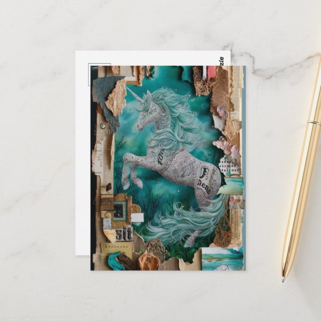 Unicorn Mixed Media Collage Postcard (Front/Back In Situ)