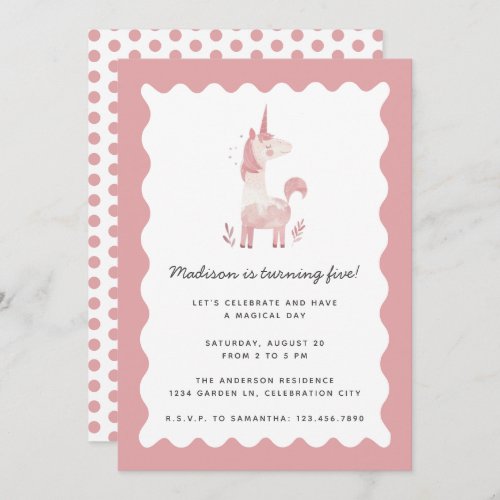 Unicorn Modern Magical Pink Wavy Frame Birthday Invitation