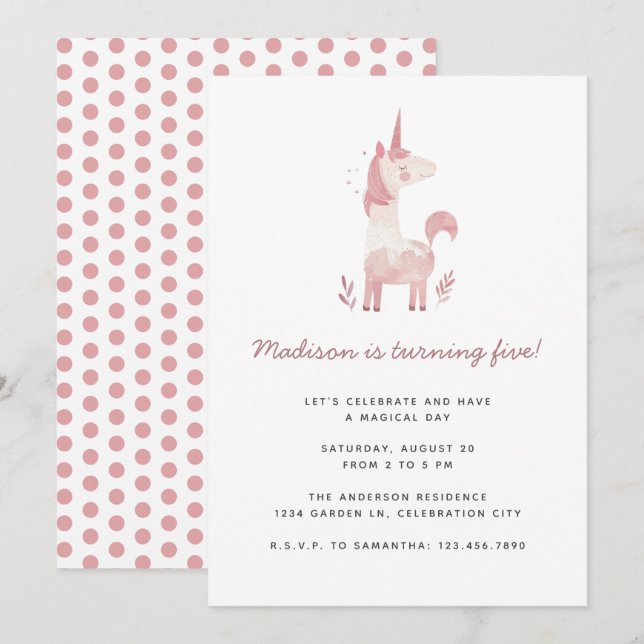 Unicorn Modern Pink Polka Dots Kids Birthday Party Invitation (Front/Back)
