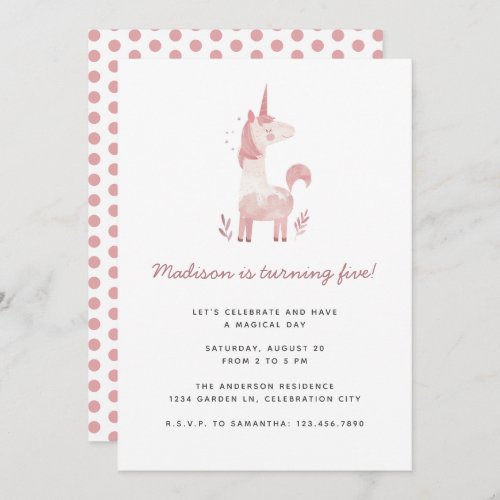 Unicorn Modern Pink Polka Dots Kids Birthday Party Invitation