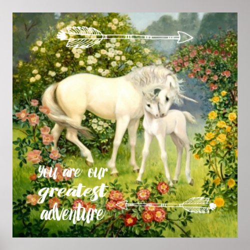 Unicorn Mom and Baby Among Blossoms in the Spring Poster
