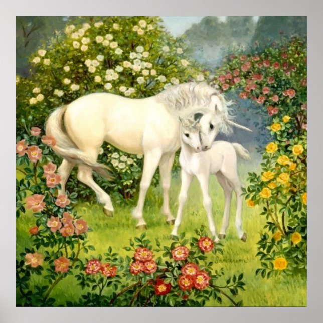 Unicorn Mom and Baby Among Blossoms in the Spring Poster (Front)