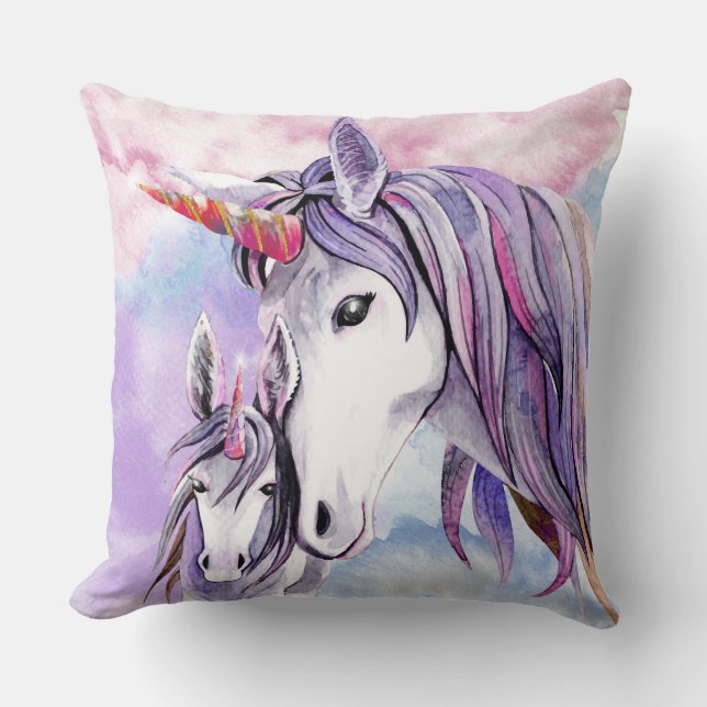 Unicorn Mom and Baby Lavender WhimsicalArtwork™ Throw Pillow (Front)