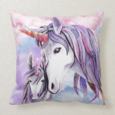 Unicorn Mom and Baby Lavender WhimsicalArtwork™ Throw Pillow