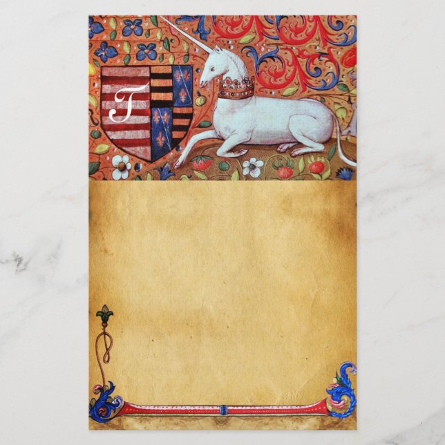 UNICORN MONOGRAM BROWN FLORAL PARCHMENT STATIONERY (Front)