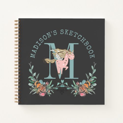 Unicorn Monogram Floral Personalized Sketchbook  Notebook
