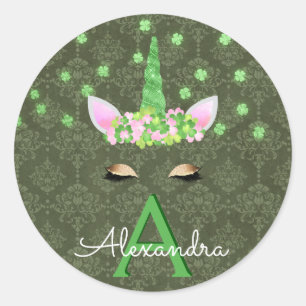 Unicorn Monogram Green St. Patrick's Day Classic Round Sticker