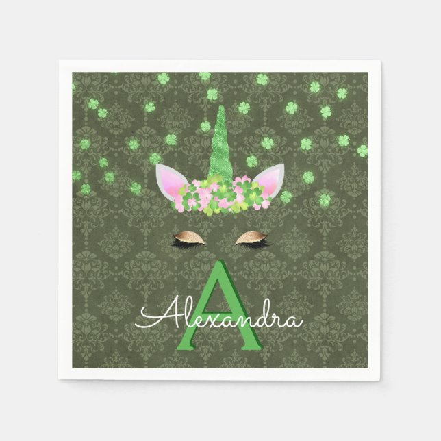 Unicorn Monogram Green St. Patrick's Day Napkins (Front)