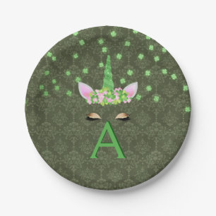 Unicorn Monogram Green St. Patrick's Day Paper Plates