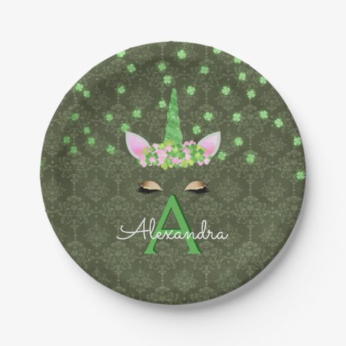 Unicorn Monogram Green St Patricks Day Paper Plates