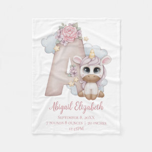 Unicorn Monogram Letter A Pink Baby Girl Gift Baby Fleece Blanket