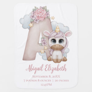 Unicorn Monogram Letter A Pink Baby Girl Gift Blanket