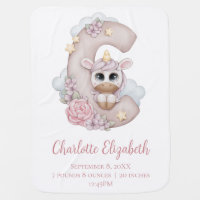 Unicorn Monogram Letter C Pink Baby Girl Gift  Baby Blanket