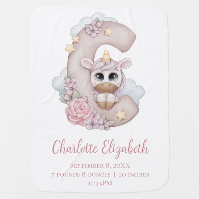 Unicorn Monogram Letter C Pink Baby Girl Gift  Baby Blanket (Front)