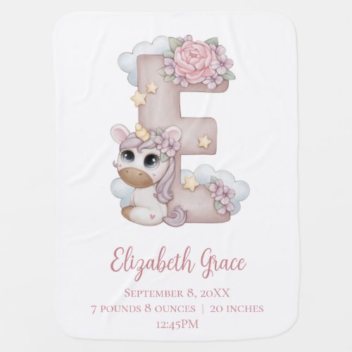 Unicorn Monogram Letter E Pink Baby Girl Gift  Baby Blanket