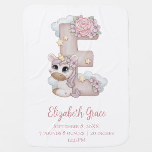 Unicorn Monogram Letter E Pink Baby Girl Gift  Blanket