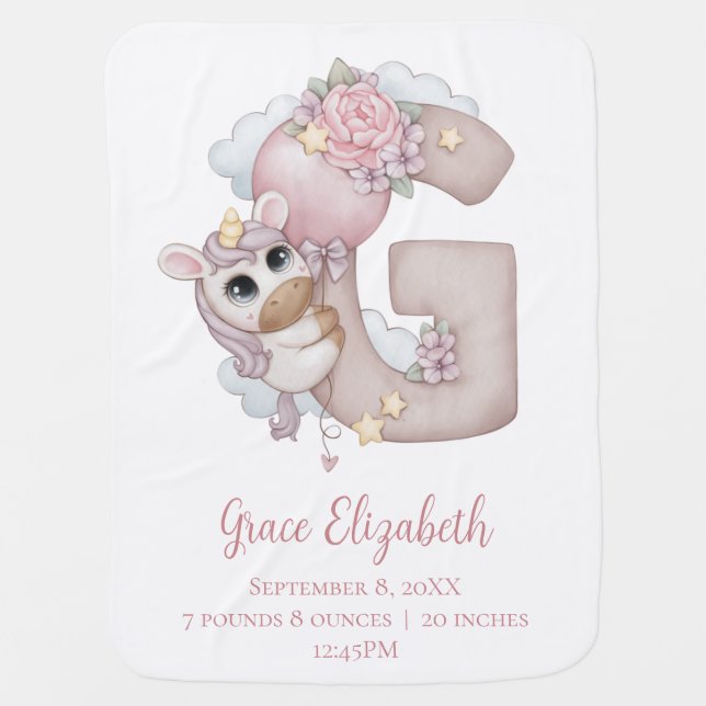 Unicorn Monogram Letter G Pink Baby Girl Gift  Blanket (Front)