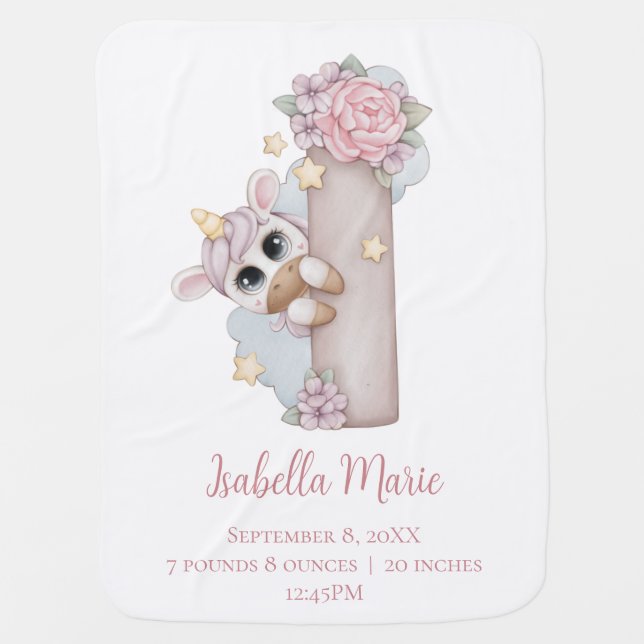 Unicorn Monogram Letter I Pink Baby Girl Gift  Blanket (Front)