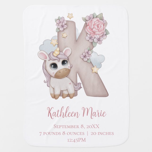Unicorn Monogram Letter K Pink Baby Girl Gift   Baby Blanket (Front)