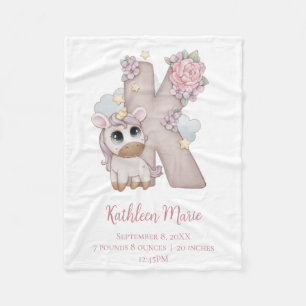 Unicorn Monogram Letter K Pink Baby Girl Gift Fleece Blanket