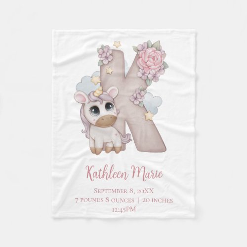 Unicorn Monogram Letter K Pink Baby Girl Gift  Fleece Blanket