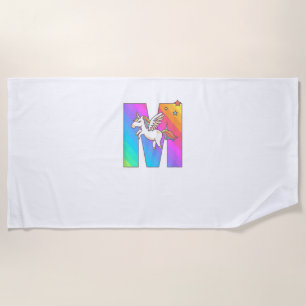 Unicorn Monogram Letter M Initial Cute Girls Birth Beach Towel