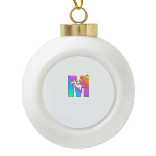 Unicorn Monogram Letter M Initial Cute Girls Birth Ceramic Ball Christmas Ornament