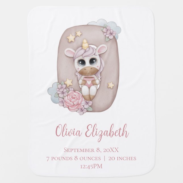 Unicorn Monogram Letter O Pink Baby Girl Gift Blanket (Front)