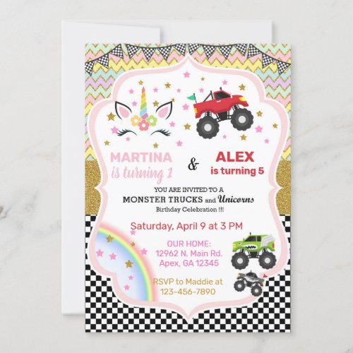 Unicorn  monster trucks siblings birthday invite invitation