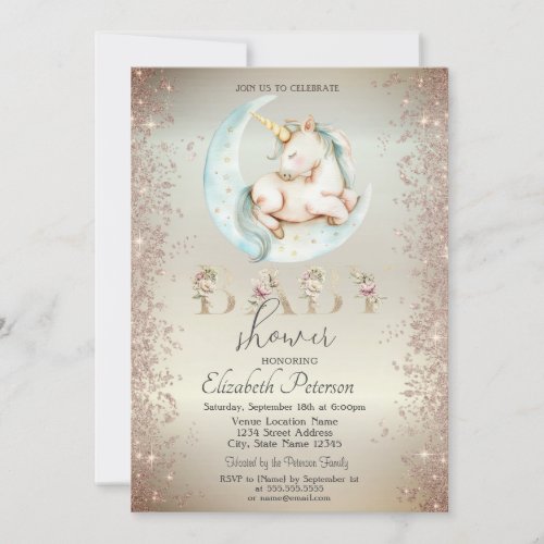 Unicorn Moon Gold Glitter Confetti  Baby Shower Invitation