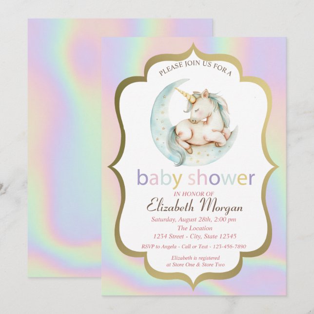Unicorn,Moon Holographic Baby Shower  Invitation (Front/Back)