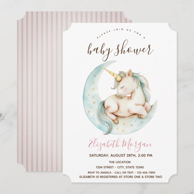 Unicorn Moon Pink Stripes Baby Shower   Invitation (Front/Back)