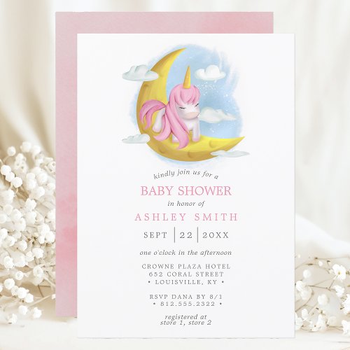 Unicorn Moon Watercolor Girl Baby Shower Invitation