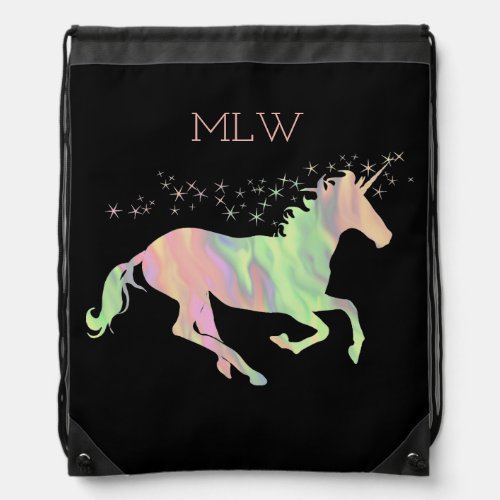 Unicorn multicolored stars and initials drawstring bag