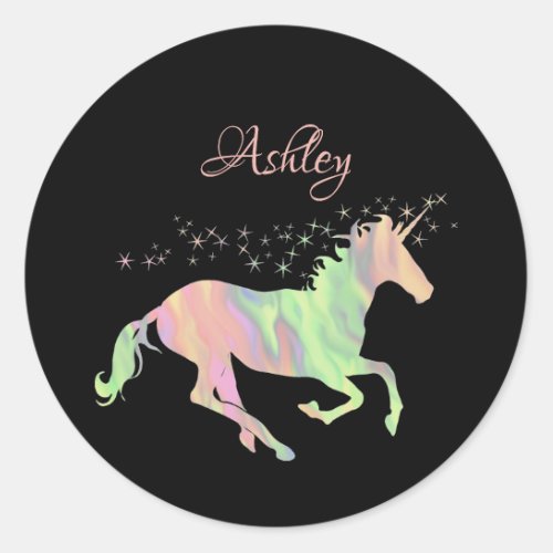 Unicorn multicolored stars and name classic round sticker